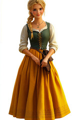 A woman in a yellow dress holding a brown bag