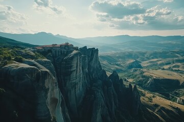 Majestic cliffs in Greece overlook a tranquil landscape with ancient monasteries perched on high