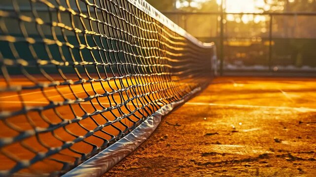 As the sun dips low, its golden rays illuminate a tennis court, casting shadows and highlighting the net's texture. The scene captures a tranquil moment in sport, evoking peace and quiet