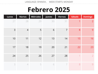 2025 Spanish february monthly calendar - febrero. Vector for month for Spain