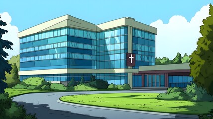 A hospital building with blue windows, in a cartoon style.