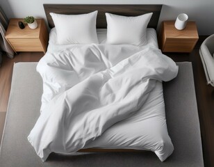 top view of unmade bed with white wrinkled sheets and pillow