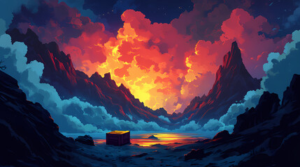 Dramatic skies with vibrant atmosphere dim light and rolling cumulus clouds. Cloudspire. Illustration
