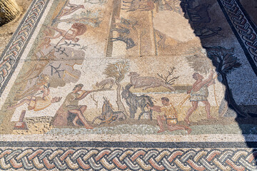Ben Arous, Tunisia. Roman mosaic floor showing an agrarian scene at the Uthina Archaeological Site.