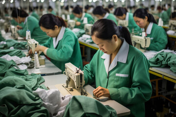 Asian women in a factory sewing clothes