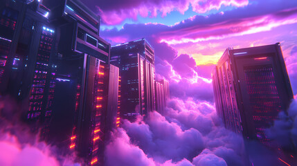 Futuristic server racks in a vibrant cloud environment, showcasing advanced technology and data storage solutions. Cloudspire. Illustration