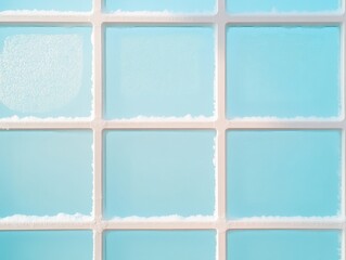 Fototapeta premium Frost-Covered Window Grid with Soft Light Highlighting Winter Coldness