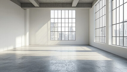 Fototapeta premium Spacious Loft Room with Minimalist Design, White Walls, Concrete Floor, Large Windows