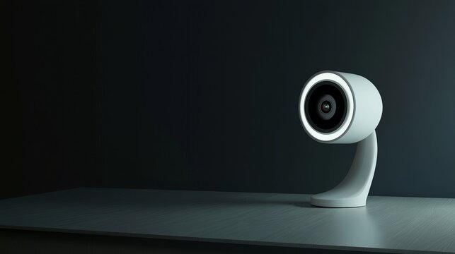 Sleek modern security camera on desk in minimalist dark setting