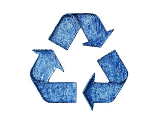 Recycling symbol on blue texture, white isolated background