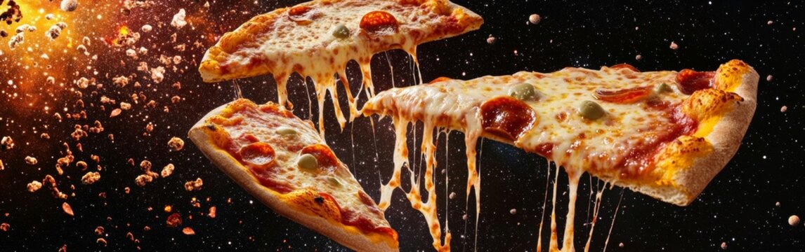 A delicious display of melting pizza slices floats aimlessly in the vastness of space. Cheesy, gooey strands connect the slices, creating an enticing cosmic feast