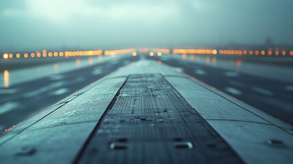 Close-up view of airplane flaps on a wet runway with blurred lights in the background