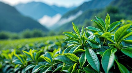 Obraz premium Lush Green Tea Plantation with Mountain View