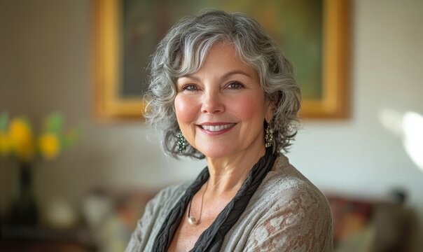 Elegant Mature Woman Smiling in Sunlit Room, grace, aging, wisdom, strength