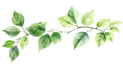 Fototapeta premium Delicate Watercolor Branch with Vibrant Green Leaves - Fresh Botanical Illustration