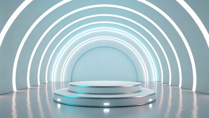 Fototapeta premium Clean and Minimalist Product Podium, Highlighted by Soft Glow in Futuristic Setting
