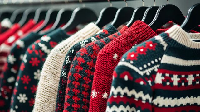 Close-up of colorful knitted sweaters with festive patterns on a rack. Winter and holiday fashion concept. High quality 4k footage