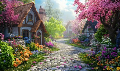 Naklejka premium Fantasy village with cobblestone path and houses, vibrant spring flowers.