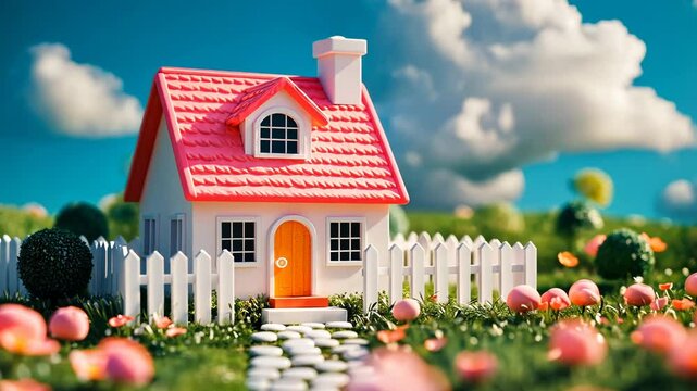 Playful 3D Cartoon House Illustration with Colorful Garden and Blue Sky