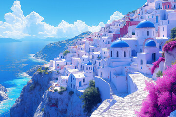 Naklejka premium Photo réaliste d’un village grec traditionnel avec maisons blanches et toits bleus surplombant la mer Égée