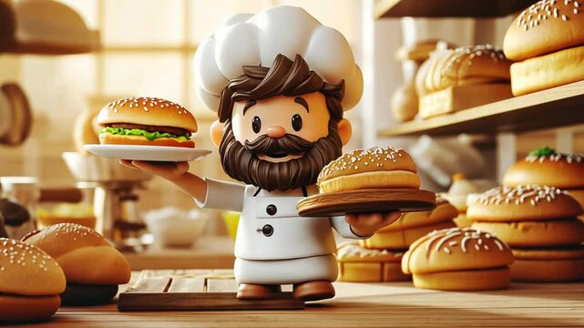 Colorful Cartoon Chef with a Fun Hamburger and Dessert Illustration in a Playful 3D Style