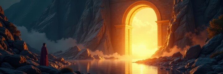 Ethereal light emanating from a shimmering golden gateway, golden, glow, light