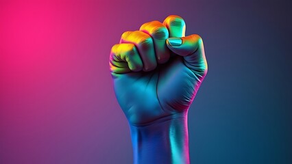 Raised rainbow fist of a woman for PRIDE month and the LGBTQIA+ movement. Pride day for sexuality freedom, love diversity celebration and the fight for human rights Stock Photo photography