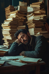 A man sleeping on a desk in front of a pile of papers