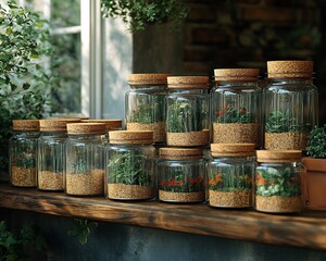 Fototapeta premium collection transparent glass jars cork lids shelf natural light fluid hyperreal contemporary adaptive artistic innovative layout