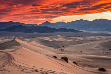 Fototapeta premium Dramatic sunset over desert dunes and mountains.