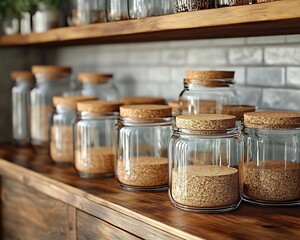 transparent glass jars cork lids arranged shelf natural light matte stylized artistic gradient rich premium concept design