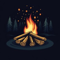 This creative illustration depicts a lively campfire in a cartoon style, set in a pine forest under a starry night, highlighting themes of imagination and exploration.
