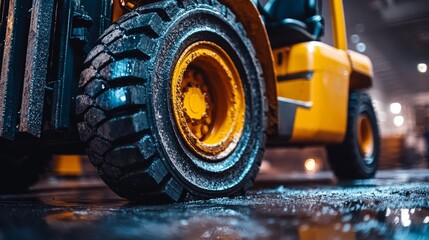 Close-up of a yellow forklift tire with detailed tread patterns, set against a blurred industrial background