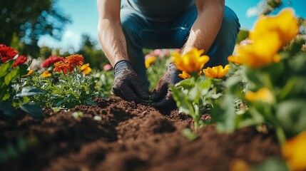 Fototapeta premium A close-up of hands gently planting flowers showcases gardening's careful touch, life's cycle, and nature's beauty in a vibrant, blossoming garden environment.