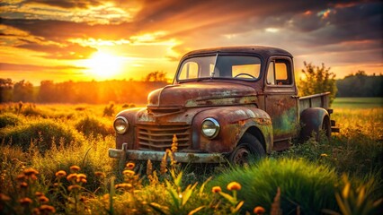 Obraz premium Abandoned Truck in a Field, Bokeh Background, Rusting Vehicle, Overgrown, Sunlit