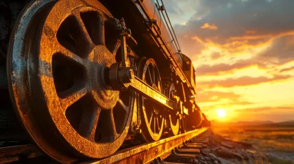 Acrylglasbilder Braun Close-up of a vintage train wheel against a sunset backdrop, highlighting details and textures  © Irina Kozel
