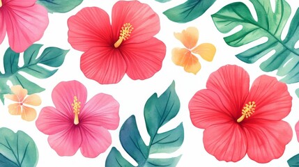Watercolor Tropical Flowers and Leaves Pattern