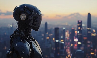 Fototapeta premium Futuristic AI Humanoid Robot in Metropolitan Cityscape