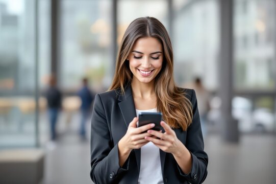 Happy young businesswoman using smart phone