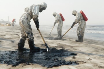 Environmental workers clean oil spill from coastal sands in urgent restoration effort