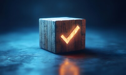 The wood cube with a check mark floating in the center of a vibrant blue background