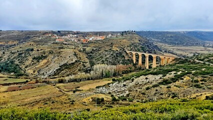Naklejka premium view of the village of Albentosa Teruel acueduct