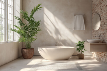 Fototapeta premium Photo Of Modern Bright Loft Style Bathroom, Large Indoor Plant In The Corner 