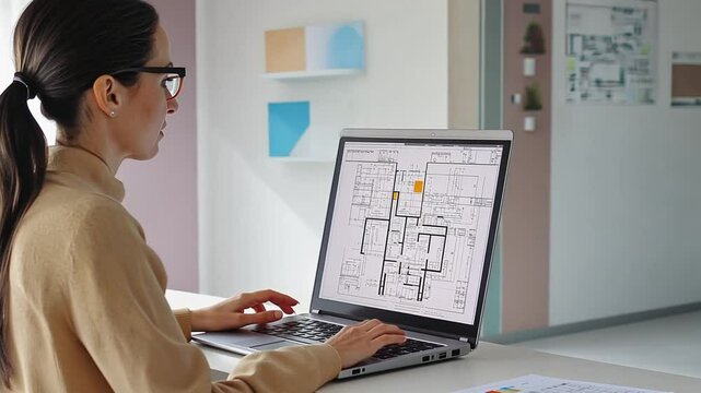 Architect working on a building plan using a laptop