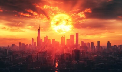 Fototapeta premium Global warming concept. dramatic sunset over city skyline, with fiery sun effects
