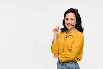 Young business woman telephone operator hotline worker customer support service manager with headset isolated on a white background copy space. Call center concept