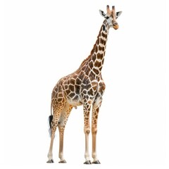 Fototapeta premium Reticulated giraffe is standing tall against a white background