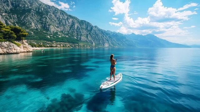 Paddling stand-up paddleboard through transparent waters alongside rocky Brač coastline, Croatia