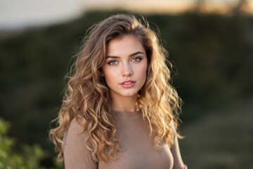 Portrait of italian young Woman with blond curls looking at camera