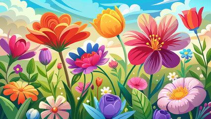 A vibrant display of colorful flowers against a soft, blurred background, creating a cheerful and serene atmosphere.